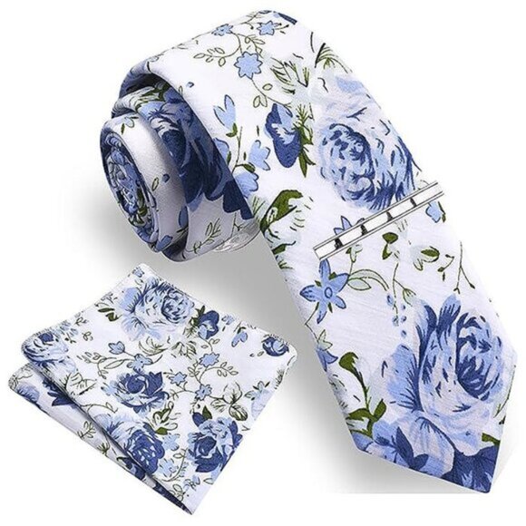 Floral Printed Necktie Tie Clip Pocket Square Sets Blue - Picture 1 of 5